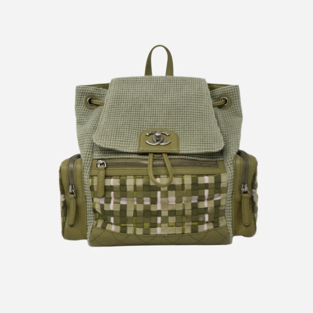 Pre-owned Chanel Tweed Canvas Cuba Pocket Backpack Khaki Green